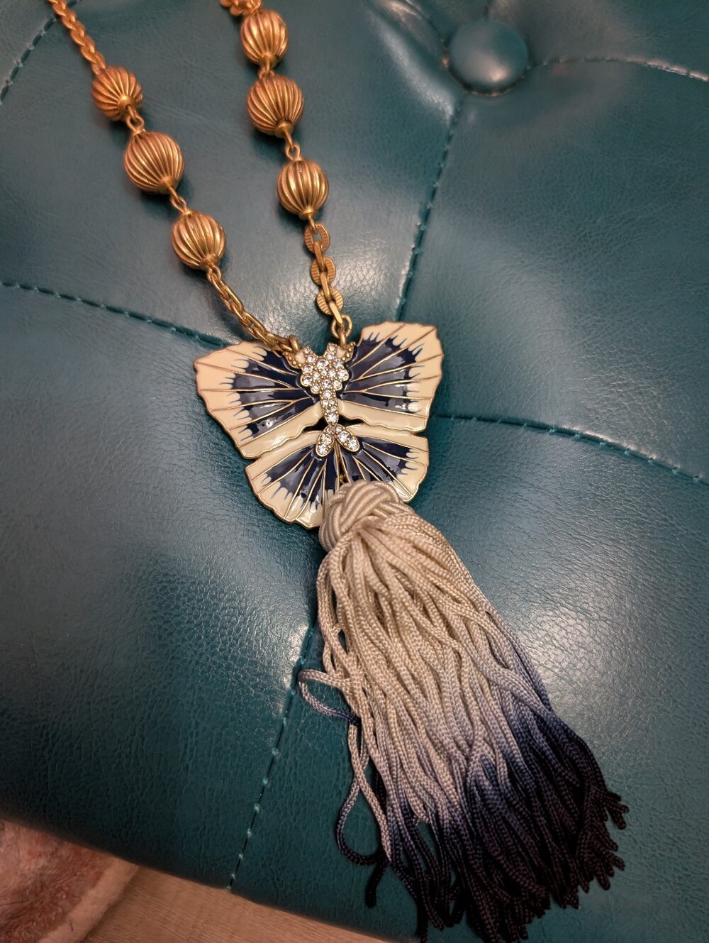 Chloe + Isabel Gold-Tone Butterfly Pendant Necklace with Navy and Cream Tassel
